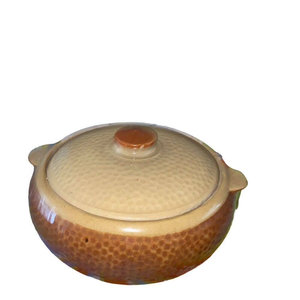 1940s Kla-Ham'rd Hammered Bean Soup Pot Brown Lid Handle 5.75” T x 8.5” Diam Vtg